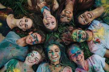 various ethnic groups Covered with Holi powder lying on the grass laughing and looking up and posing for peace for the camera in the park at the Holi festival in summer.