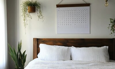 A serene bedroom with a wooden bed and a wall calendar.