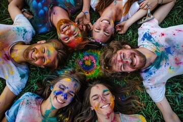 various ethnic groups Covered with Holi powder lying on the grass laughing and looking up and posing for peace for the camera in the park at the Holi festival in summer.