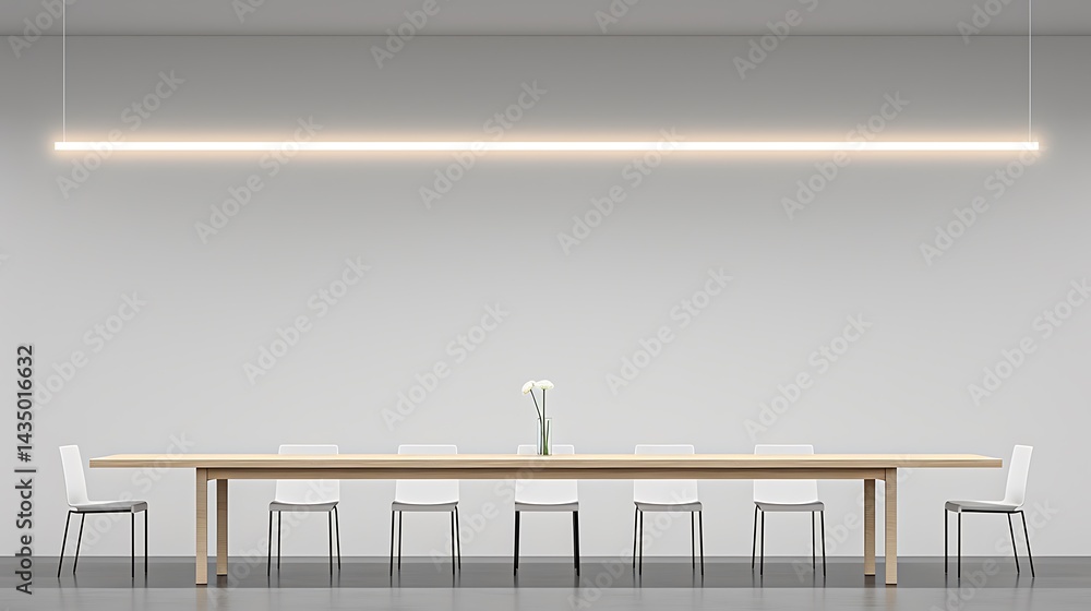 Poster minimalist meeting space with elongated table and linear lighting fixture above