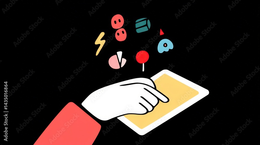 Poster hand using tablet colorful icons digital lifestyle modern flat design app interface