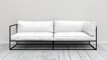 Obraz premium Minimalist white sofa with black frame against a neutral wall and wood flooring