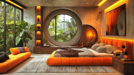 A utilitarian yet artistic bedroom with Constructivism influences showcasing angular lighting metal accents and bold geometric wall designs interior