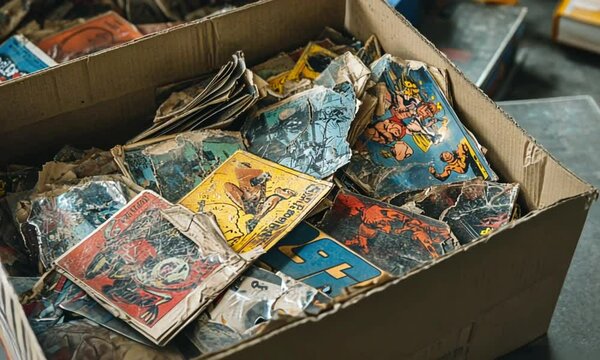 A box filled with vintage comic books, showcasing nostalgic artwork.