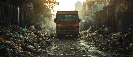 Obraz premium A garbage truck navigates a narrow street littered with trash, highlighting urban decay and environmental concern.