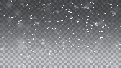 Realistic vector falling snow fall overlay. Shining snowflakes background