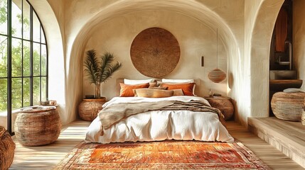 Fusion style bedroom blending Scandinavian minimalism with Moroccan accents featuring neutral tones textured rugs and arched decor interior