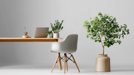 Modern Home Office Setup: A minimalist workspace featuring a light wood desk, a modern chair, potted plants, and a laptop, creating a serene and productive atmosphere. 