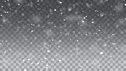 Realistic vector falling snow fall overlay. Shining snowflakes background