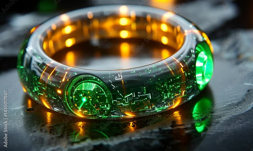Poster futuristic glowing bracelet with intricate circuitry design resting on a textured surface