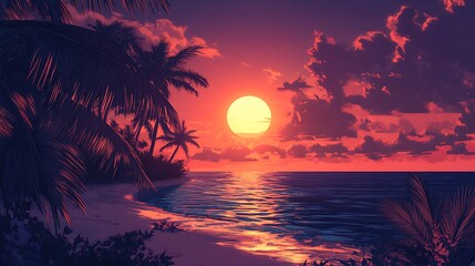 Beautiful sunset with glowing mountains, palm trees, and retro vibes across the ocean picture