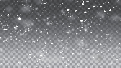 Motion blur effect of falling snow on transparent background. Christmas snowy dust for your design. Abstract white lights. Vector illustration.