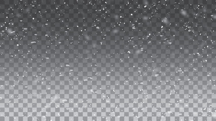 Motion blur effect of falling snow on transparent background. Christmas snowy dust for your design. Abstract white lights. Vector illustration.