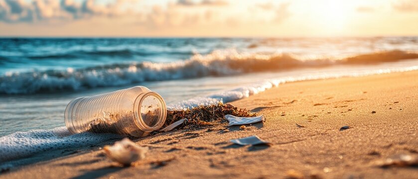 A glass jar lies on the beach shore, partially submerged in water, with gentle waves and a serene sunset in the background.