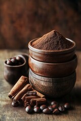 A rustic arrangement of bowls filled with cocoa powder, coffee beans, and cinnamon sticks on a wooden table