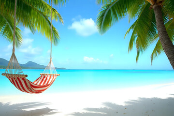 Tropical beach background as summer landscape with beach swing or hammock and white sand and calm sea for beach banner. Perfect beach scene vacation and summer holiday concept. Boost up color process