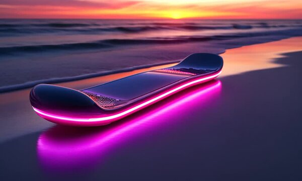 Futuristic hoverboard resting on a sandy beach at sunset, reflecting vibrant colors in the water