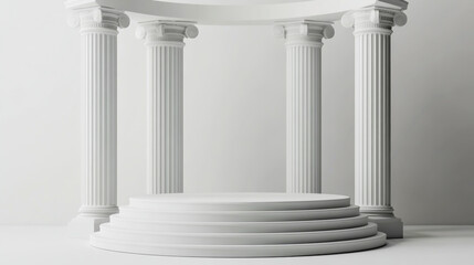 White podium pedestal, circular platform, and Greek columns on a white background for product presentation