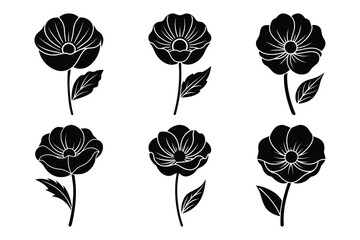 Poppy flower silhouette icon set, poppy flower, Iceland poppy flower black silhouette with white background