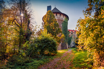 Superb autumn view of Smolenicky castle. Exciting morning cityscape of Smolenice village,...