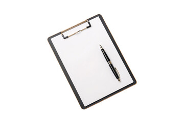 A blank clipboard with a black pen resting diagonally, ready for notes or checklists, isolated on a transparent background
