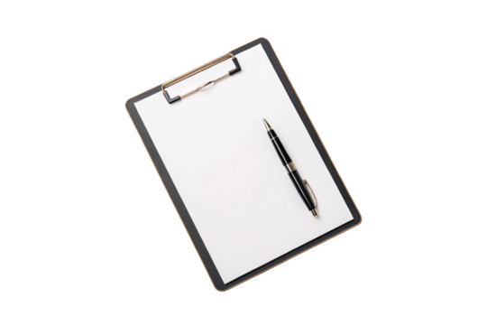 A blank clipboard with a black pen resting diagonally, ready for notes or checklists, isolated on a transparent background