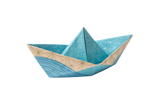 A folded blue paper boat with printed waves and patterns, expressing playful creativity, isolated on a transparent background