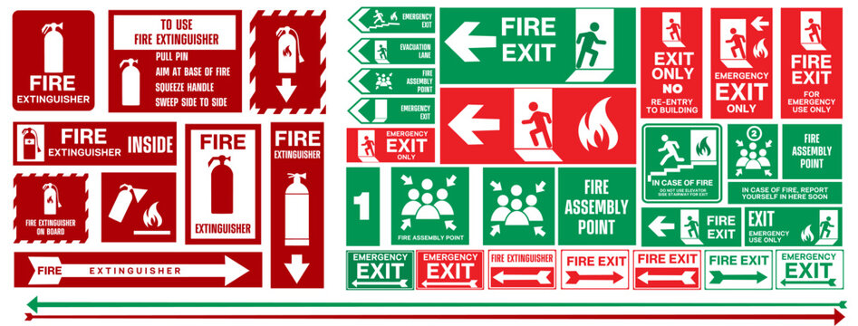 Fire safety signs, Collection of fire danger signs and equipment, Set of emergency exit signs in case of fire danger.How use fire extinguisher scheme. Emergency instruction and safety information