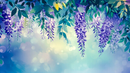 Wisteria flowers hanging from the branches of trees, vector illustration, purple and green color scheme