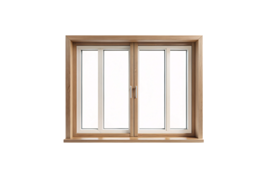 A minimalist double-panel sliding window with soft wooden frame, offering sleek, functional elegance, isolated on a transparent background