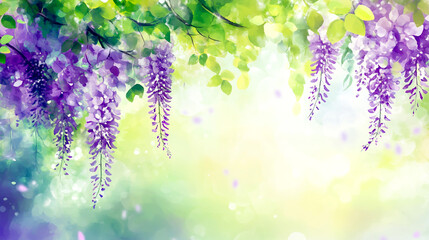 Wisteria flowers hanging from the branches of trees, vector illustration, purple and green color scheme