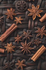 Fototapeta premium A vibrant arrangement of star anise, cinnamon sticks, and decorative spices on a woven background