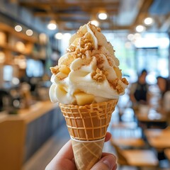 Close-up of a hand holding a waffle cone filled with a creamy white ice cream topped with caramel sauce and crunchy biscuit pieces.