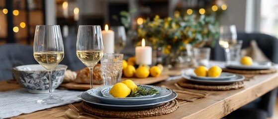 Elegant dinner table setting with candles, wine, lemons, and grey plates
