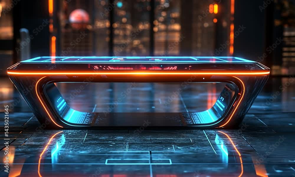 Poster futuristic interactive table in a modern urban setting with neon lights and reflections