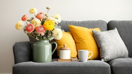 Modern Living Room Decor  Cozy Sofa  Flowers    Yellow Pillows