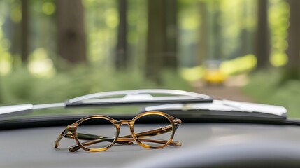 Vintage car journey with stylish eyeglasses resting on the dashboard with nature view