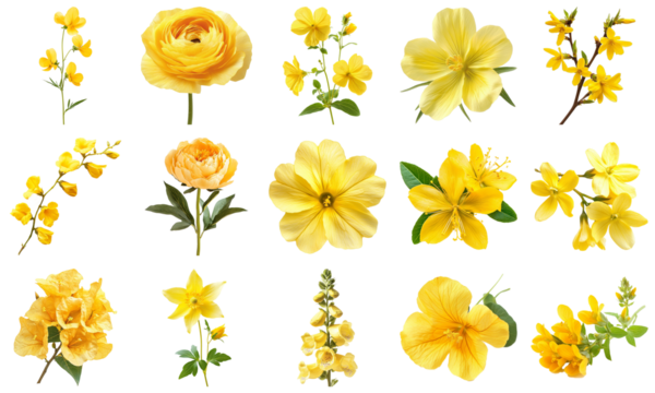 A Vibrant Collection of Various Yellow Flowers Displaying Beauty and Diversity in Nature. Large Multiple Plant and Nature Collection Set Isolated on Transparent Background - Powered by Adobe