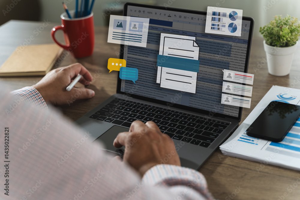 Poster businessman working with data and graphs in spreadsheet documents for online analysis microsoft exce