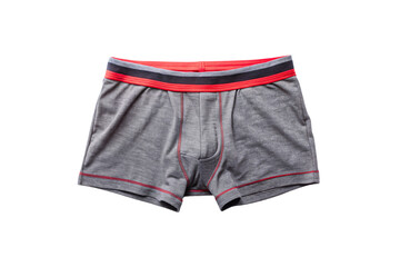 Modern gray boxer briefs with bold red trim and waistband, combining sporty style with functionality, isolated on a transparent background