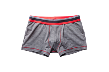 Modern gray boxer briefs with bold red trim and waistband, combining sporty style with functionality, isolated on a transparent background
