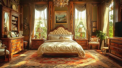 An antique style bedroom with ornate wooden furniture vintage chandeliers and rich fabrics evoking timeless elegance and charm interior