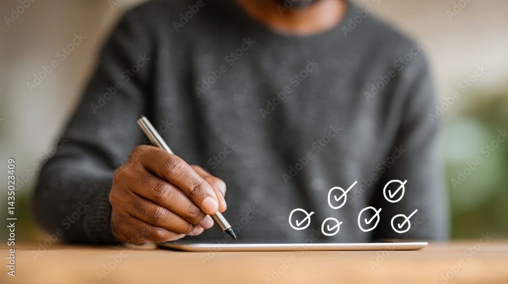 Aufkleber digital checklist person using tablet completing tasks goals productivity success