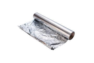 Smooth metallic foil on a cardboard tube, partially unwrapped and resting flat, ideal for food storage, isolated on a transparent background