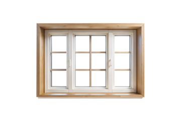White-framed window with wooden grid overlays, evoking traditional charm with modern wood framing, isolated on a transparent background