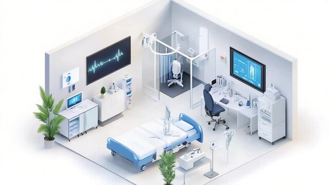 Isometric Hospital Room Illustration with Advanced Medical Equipment and Technology
