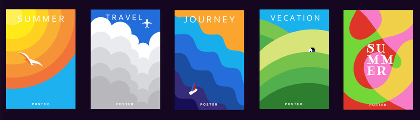 Abstract minimal summer poster, cover, card set with nature landscape, sun, plane in the clouds, yacht in the sea, fields and typography design. Summer holidays, journey, vacation travel illustrations © Sanjoy