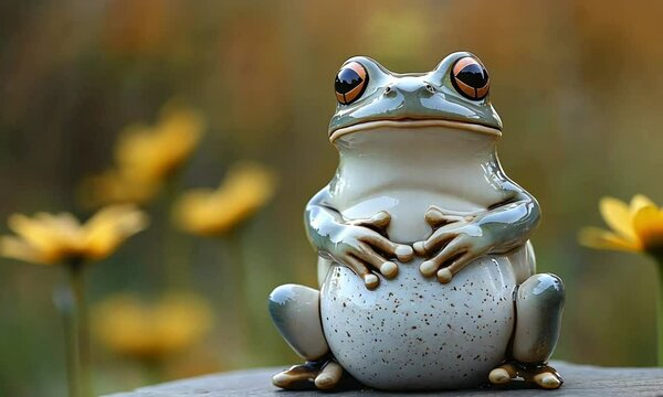 A whimsical ceramic frog sculpture set against a vibrant floral backdrop.