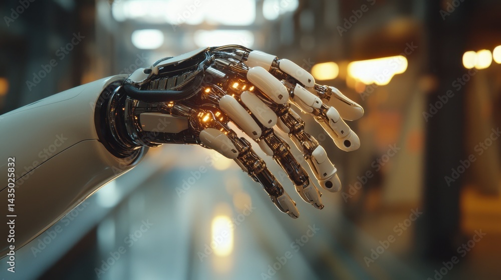 Poster this image features a close-up of a robotic hand with intricate mechanical details and soft lighting