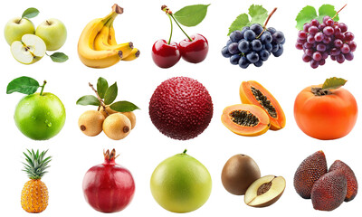 Vibrant Collection of Fresh Fruits Including Bananas, Apples, Grapes, and More on a White Background. Large Multiple Plant and Nature Collection Set Isolated on Transparent Background